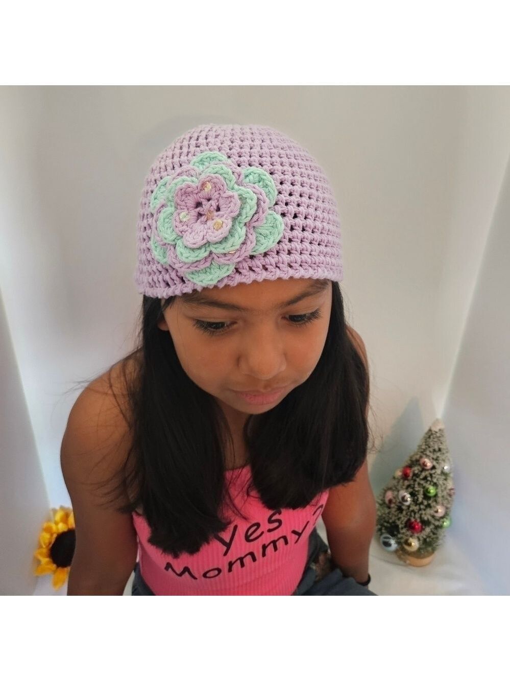 Hand Crafted upcycle crochet lavander Beanie handmade flower grannycore girl hat - Picture 9 of 17